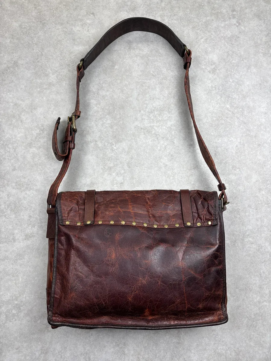 SS2010 Dolce & Gabbana Dark Brown Leather Distressed Studded Messenger Bag kRvUoiLI 7