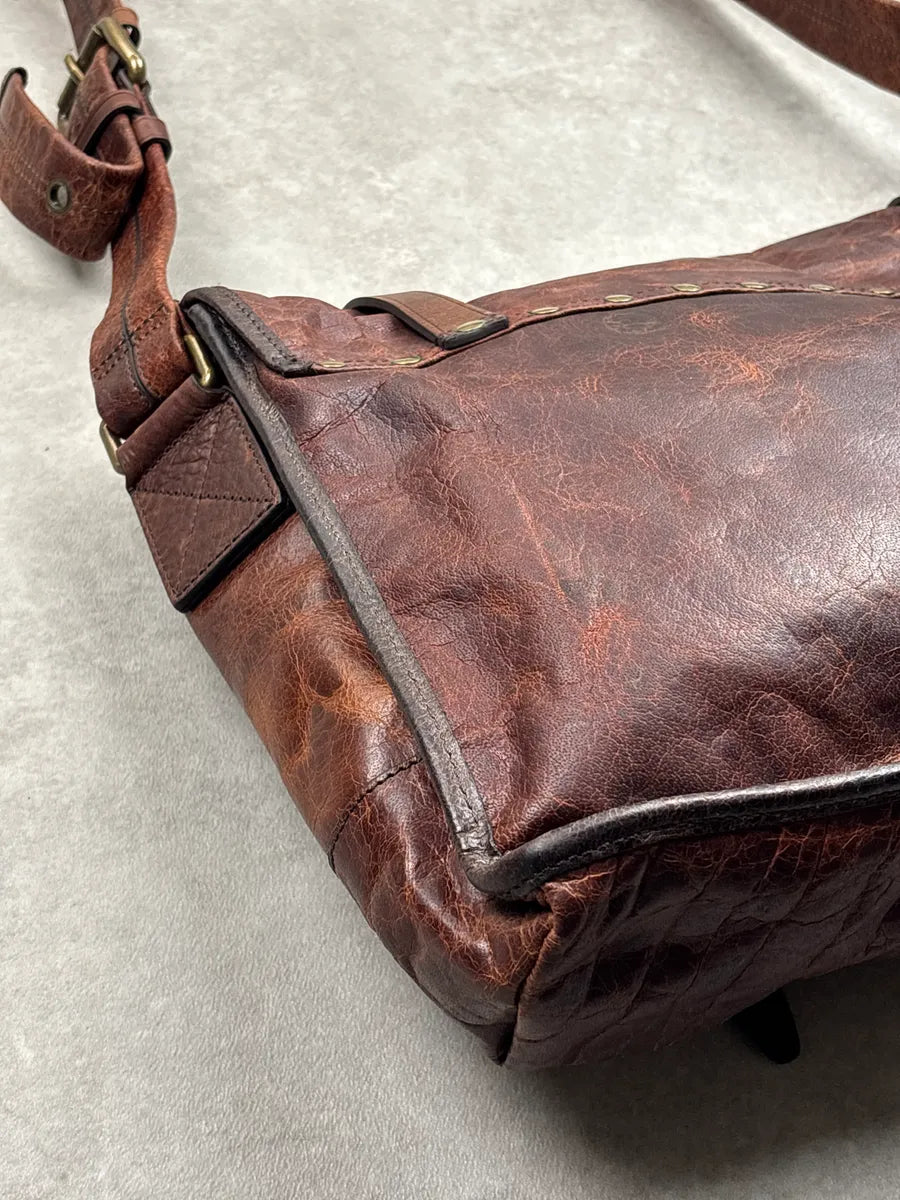 SS2010 Dolce & Gabbana Dark Brown Leather Distressed Studded Messenger Bag kRvUoiLI 15