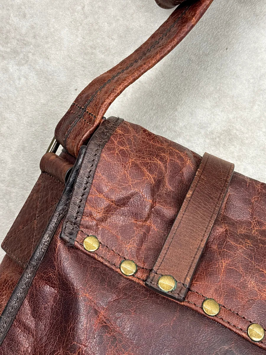SS2010 Dolce & Gabbana Dark Brown Leather Distressed Studded Messenger Bag kRvUoiLI 16