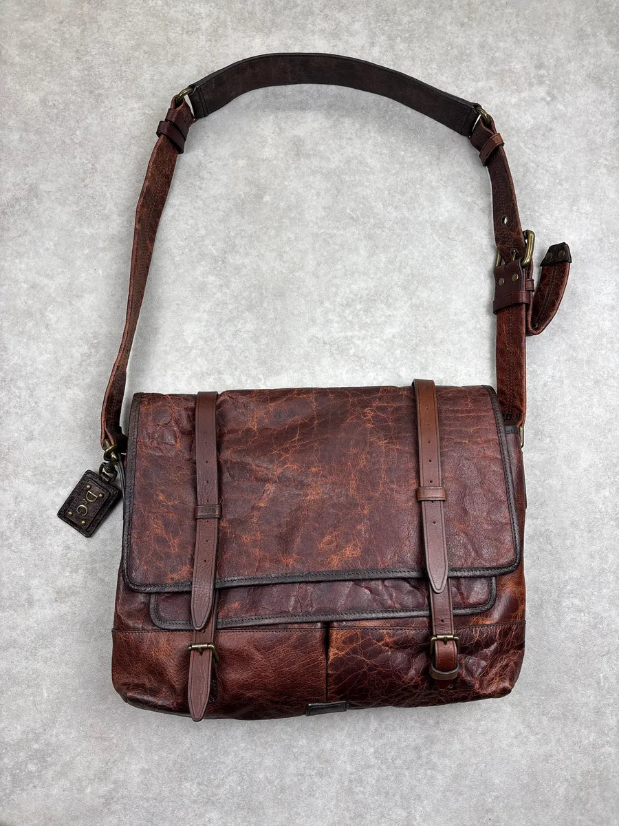 SS2010 Dolce & Gabbana Dark Brown Leather Distressed Studded Messenger Bag kRvUoiLI 0