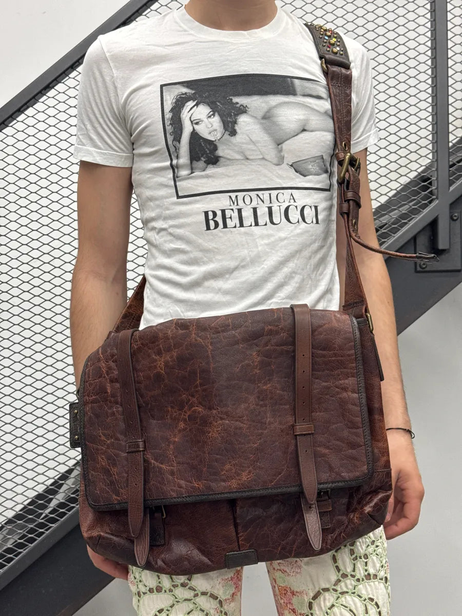 SS2010 Dolce & Gabbana Dark Brown Leather Distressed Studded Messenger Bag kRvUoiLI 3