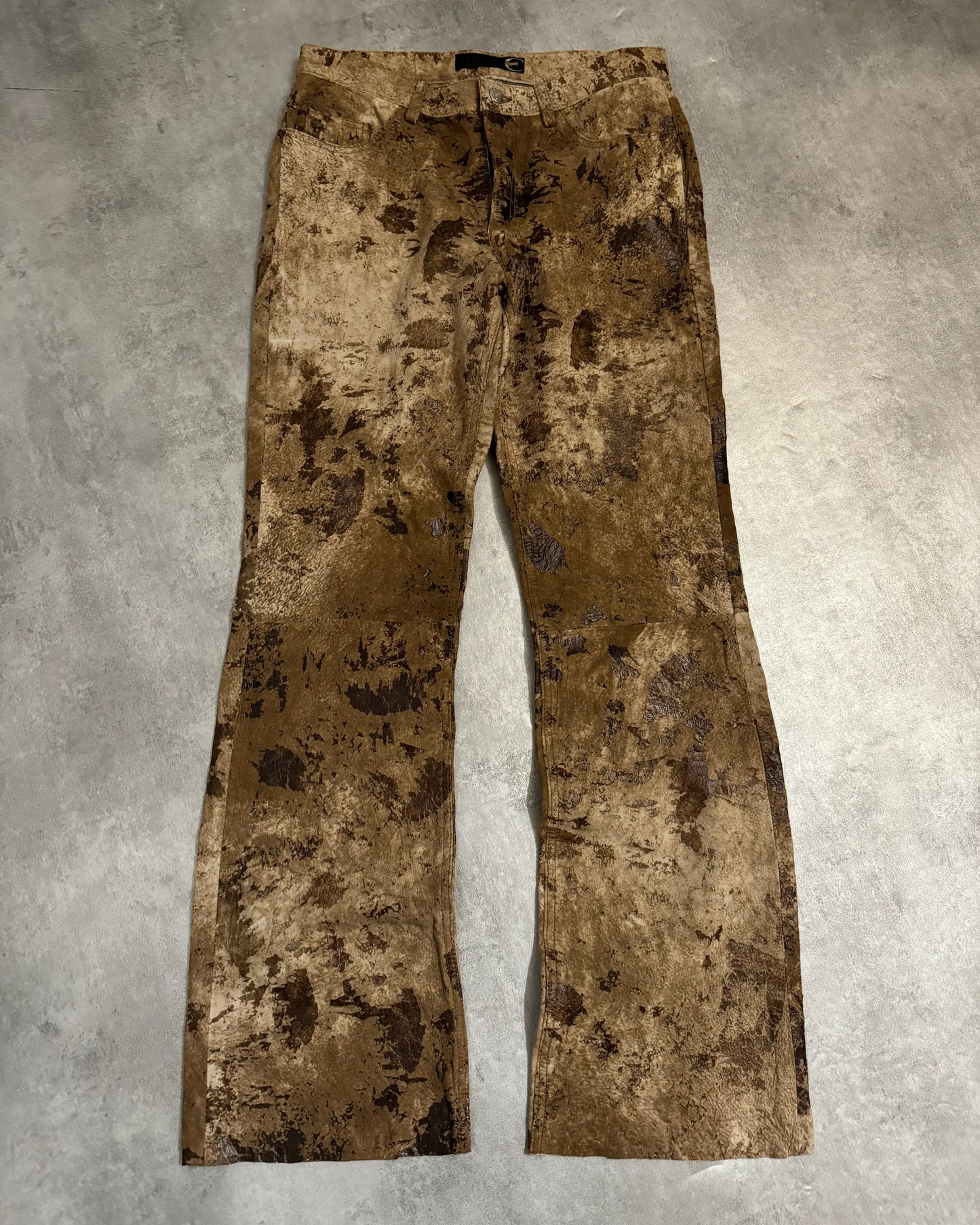 AW2004 Cavalli Textured Brown Eroded Camouflage Leather Pants (M) - 2