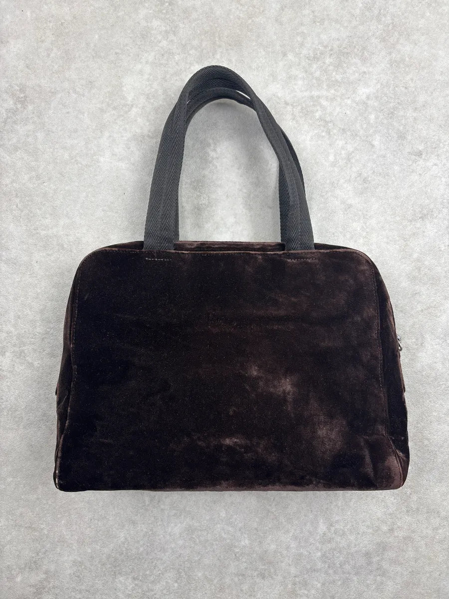 AW2000 Prada Dark Brown Velvet Signature Logo Handle Bag kXXwVhlE 0