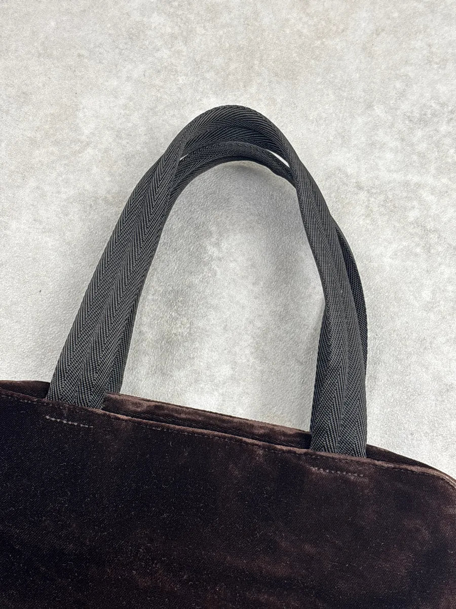 AW2000 Prada Dark Brown Velvet Signature Logo Handle Bag kXXwVhlE 4