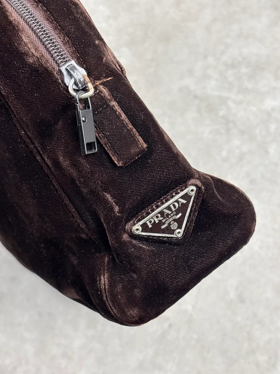 AW2000 Prada Dark Brown Velvet Signature Logo Handle Bag kXXwVhlE 6
