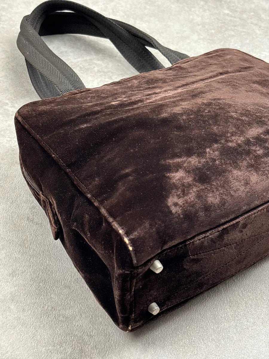 AW2000 Prada Dark Brown Velvet Signature Logo Handle Bag kXXwVhlE 7