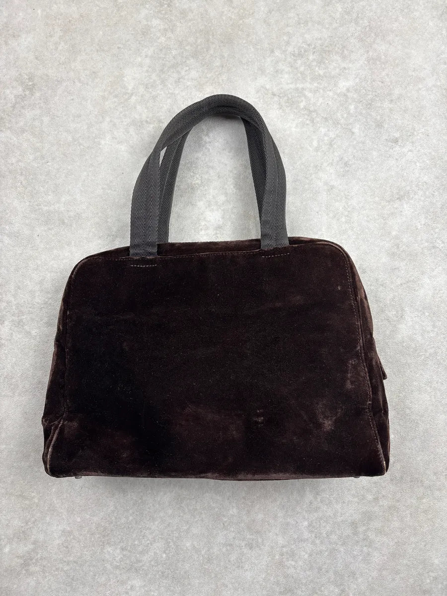 AW2000 Prada Dark Brown Velvet Signature Logo Handle Bag kXXwVhlE 3
