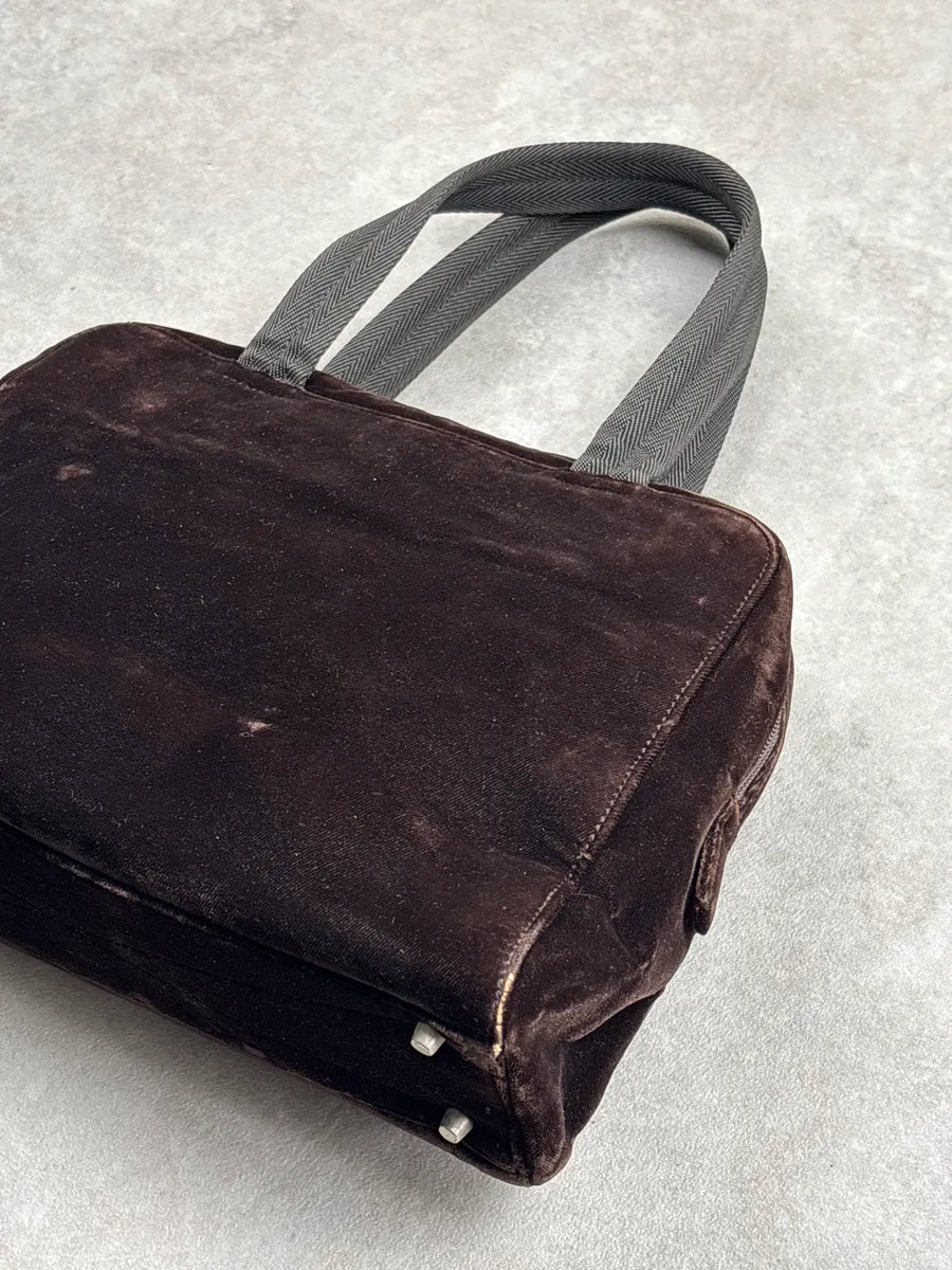 AW2000 Prada Dark Brown Velvet Signature Logo Handle Bag kXXwVhlE 8