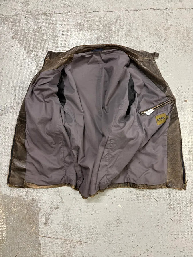 Kenzo Brown Eroded Racer Leather Jacket QeAEsML 6