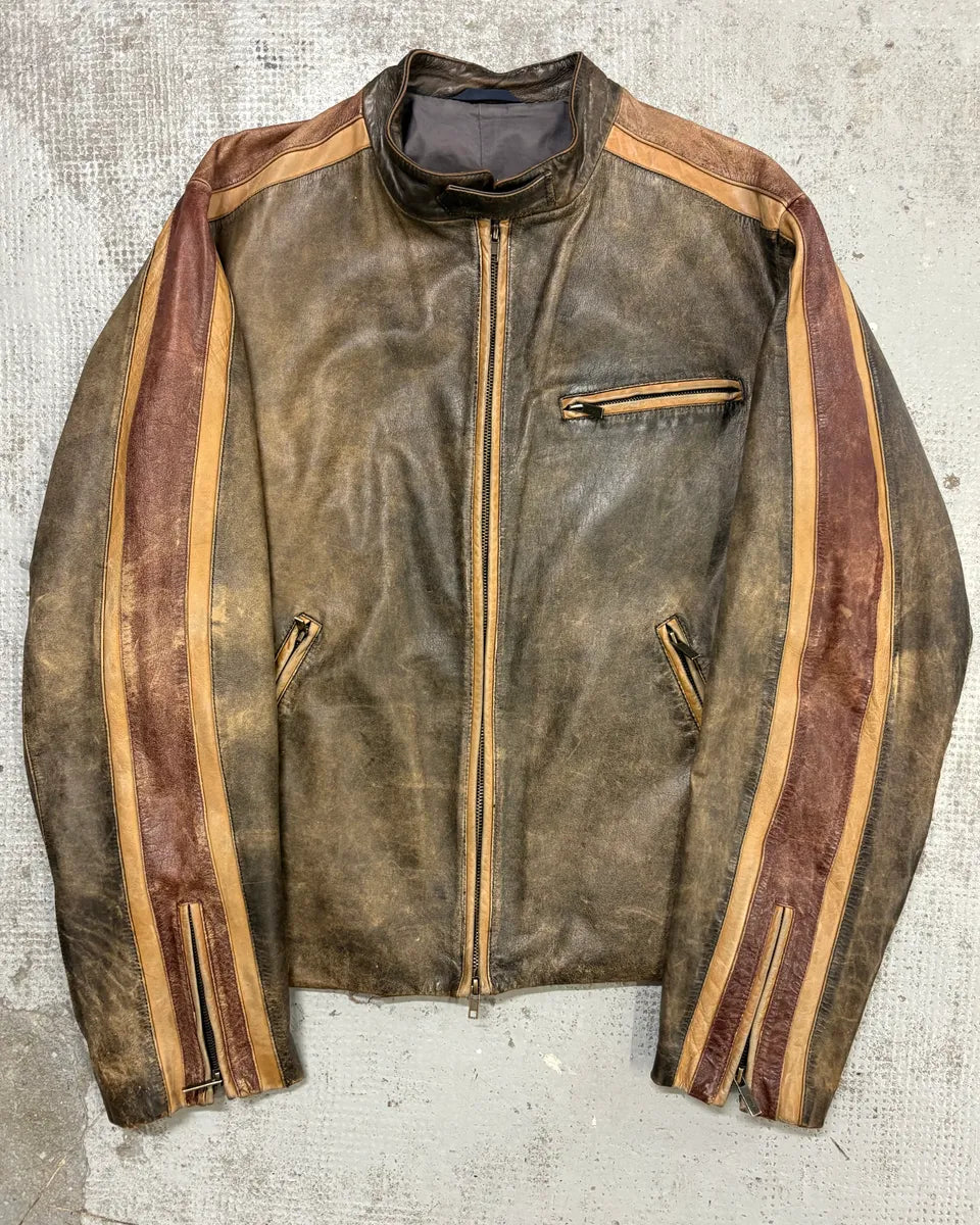 Kenzo Brown Eroded Racer Leather Jacket QeAEsML 0