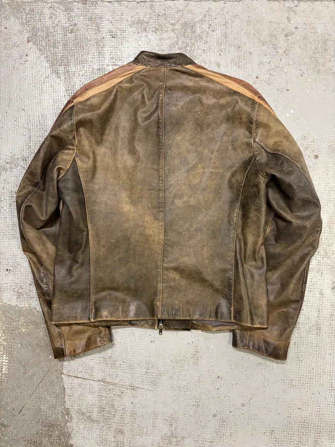Kenzo Brown Eroded Racer Leather Jacket QeAEsML 4