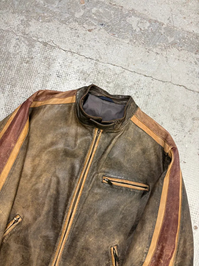 Kenzo Brown Eroded Racer Leather Jacket QeAEsML 3