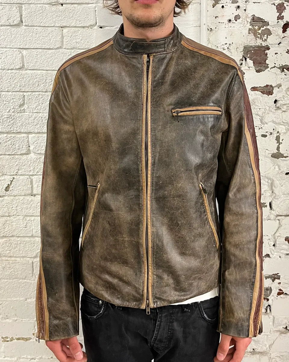 Kenzo Brown Eroded Racer Leather Jacket QeAEsML 1