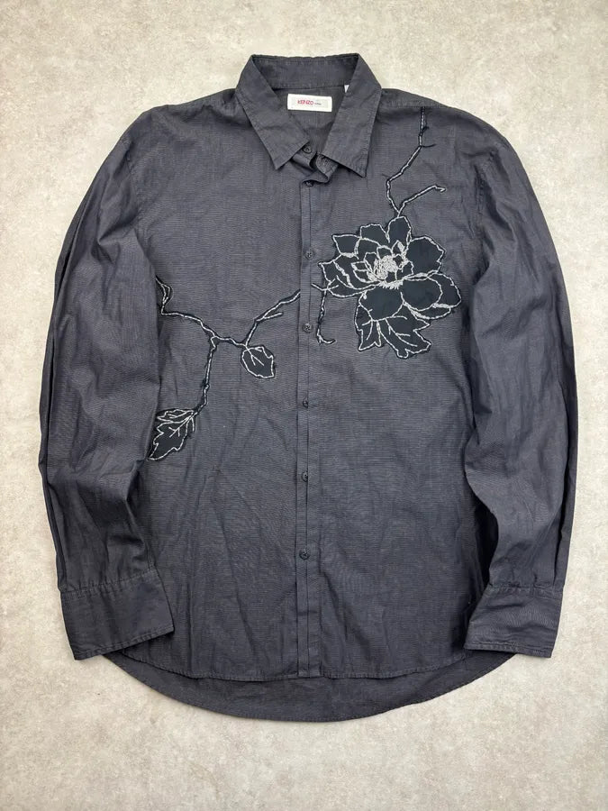 Kenzo Homme Black Embroidered Floral Shirt WGzHPGV 0