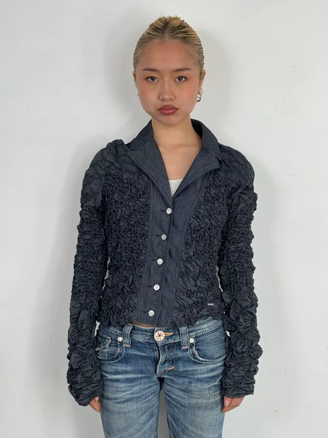 Kenzo Navy Deconstructed Pleats Abstract Denim Jacket Uyqakbe 0
