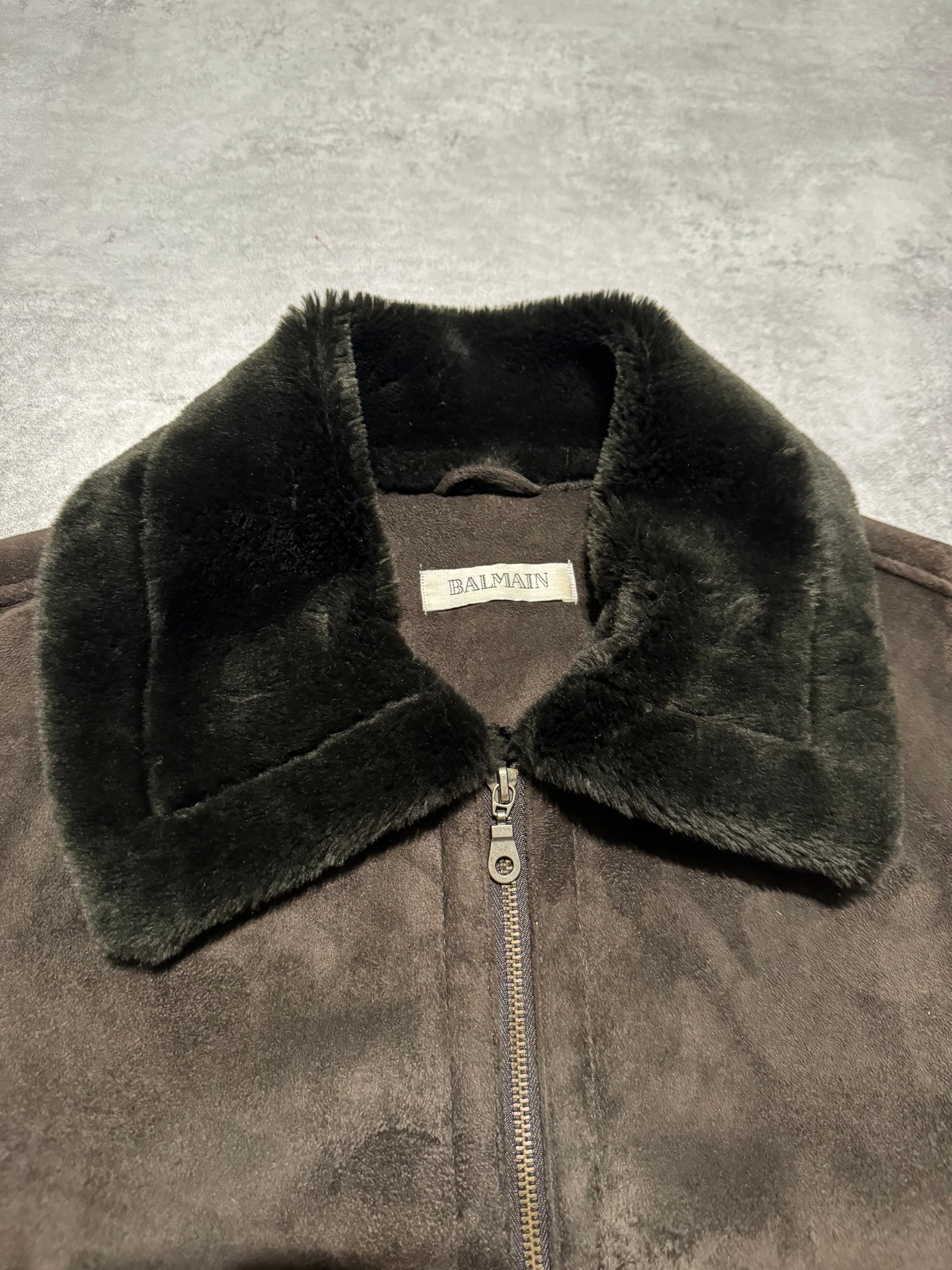 2000s Balmain Brown Faux Fur Shearling Aviator Jacket (L) - 7