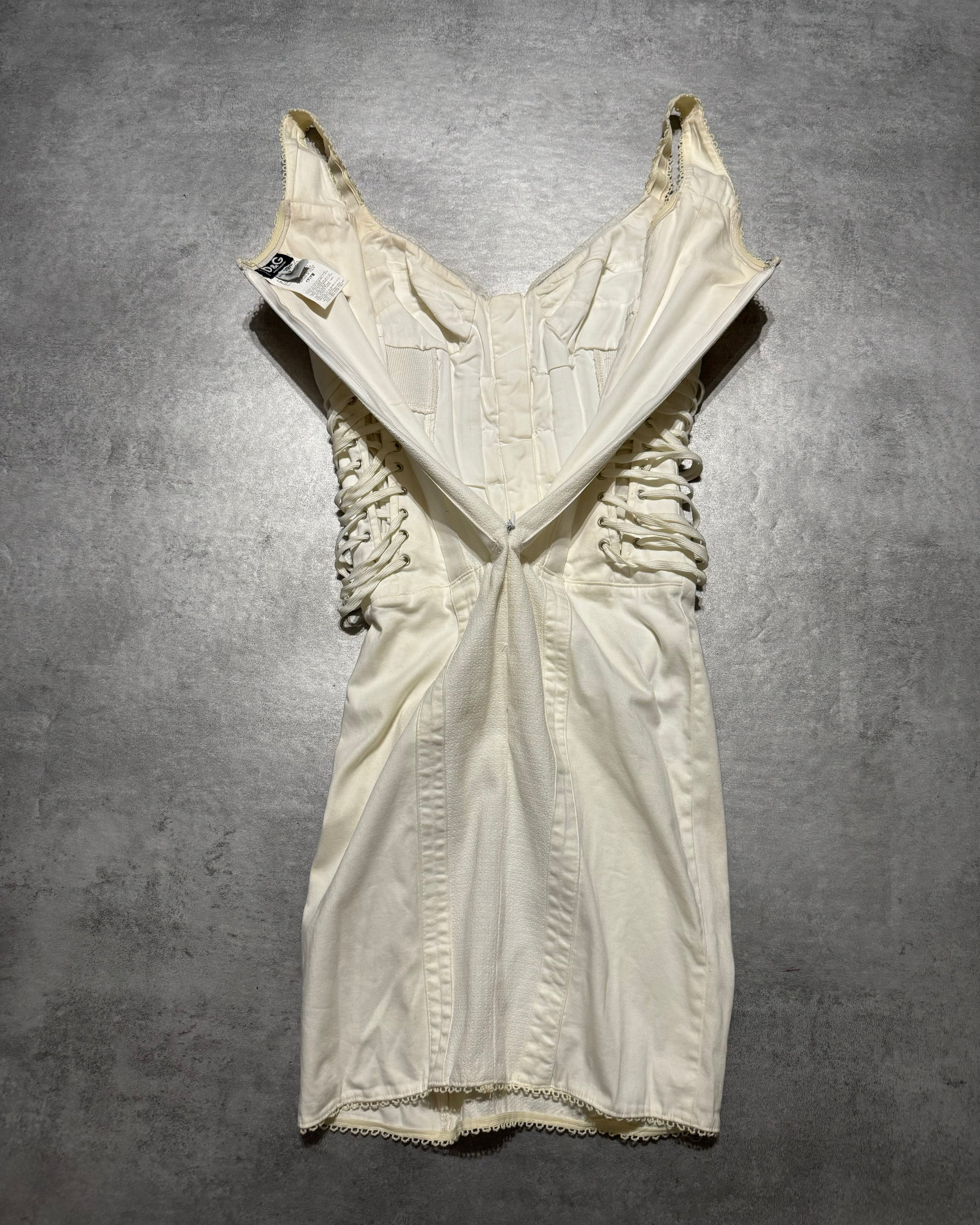 SS2004 Dolce & Gabbana White Bondage Strap Corset Cocktail Ivory Cotton Dress (XS/S) - 3