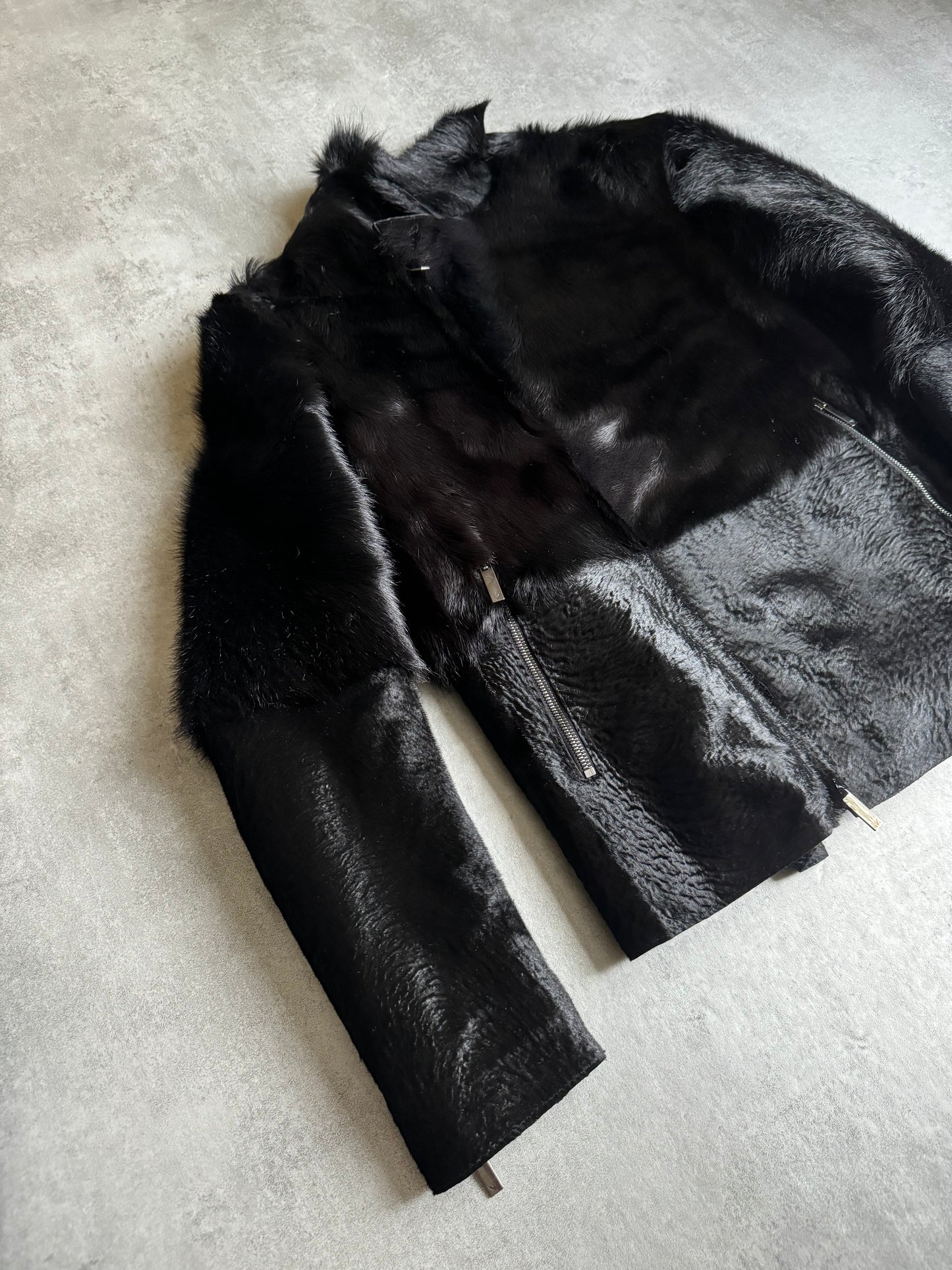 AW2012 Emporio Armani Black Baby Calf Skin Fur Asymmetrical Jacket (M) - 13