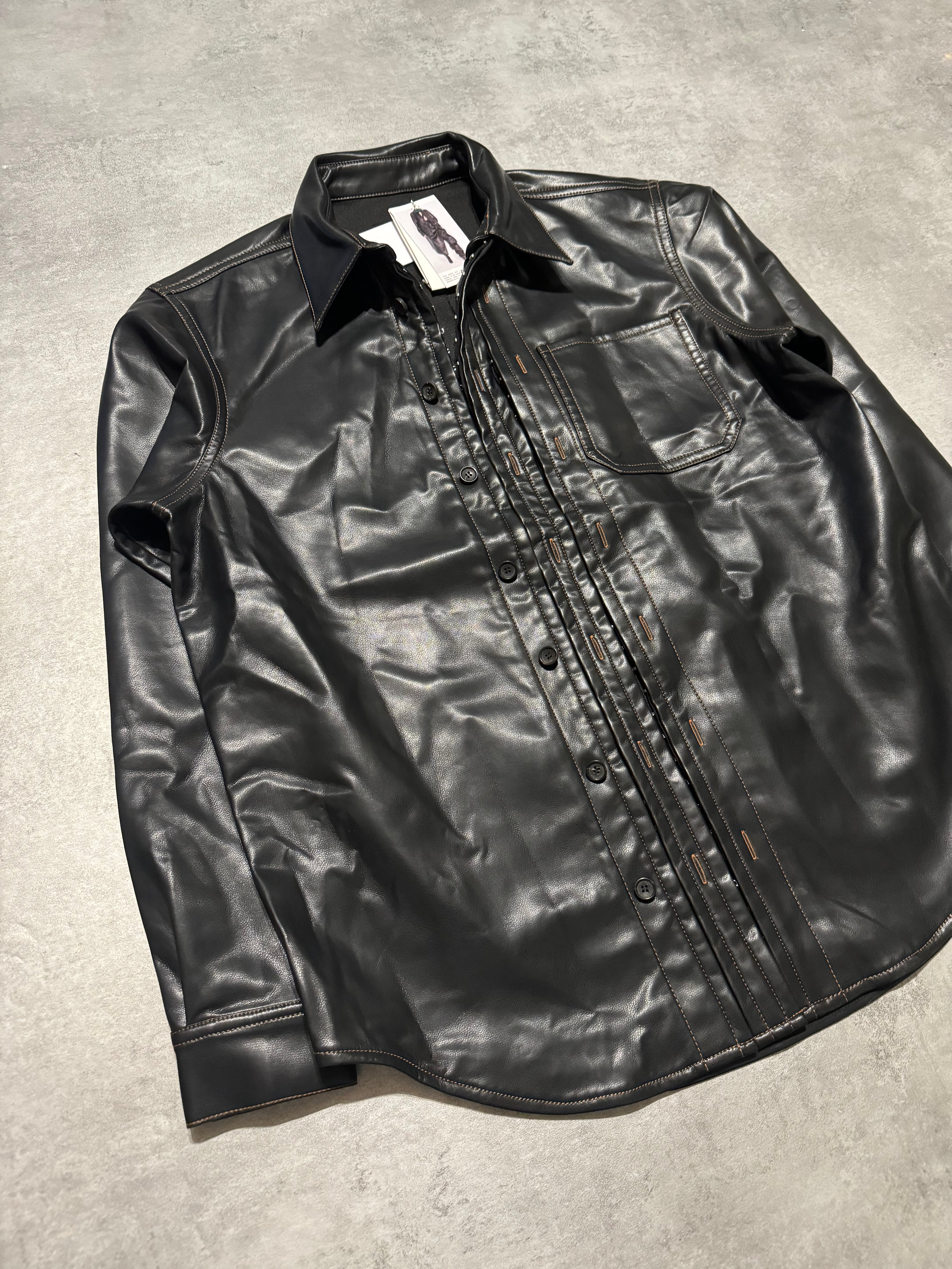 SS2025 Y/Project Black Hook & Eye Grained Faux-Leather Shirt (L) - 10