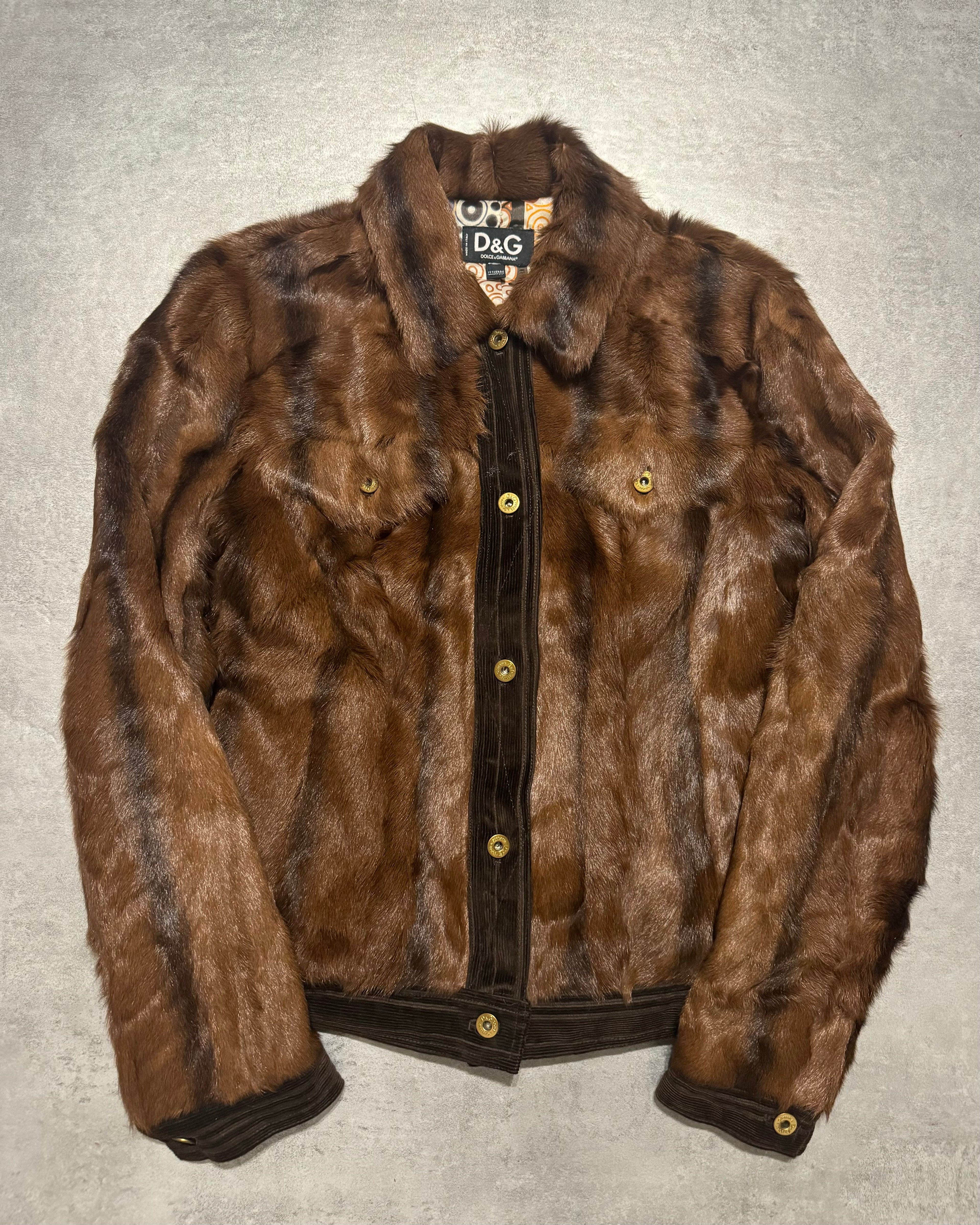 2000s Dolce & Gabbana Brown Fur Buttoned Velvet Jacket (S) - 1