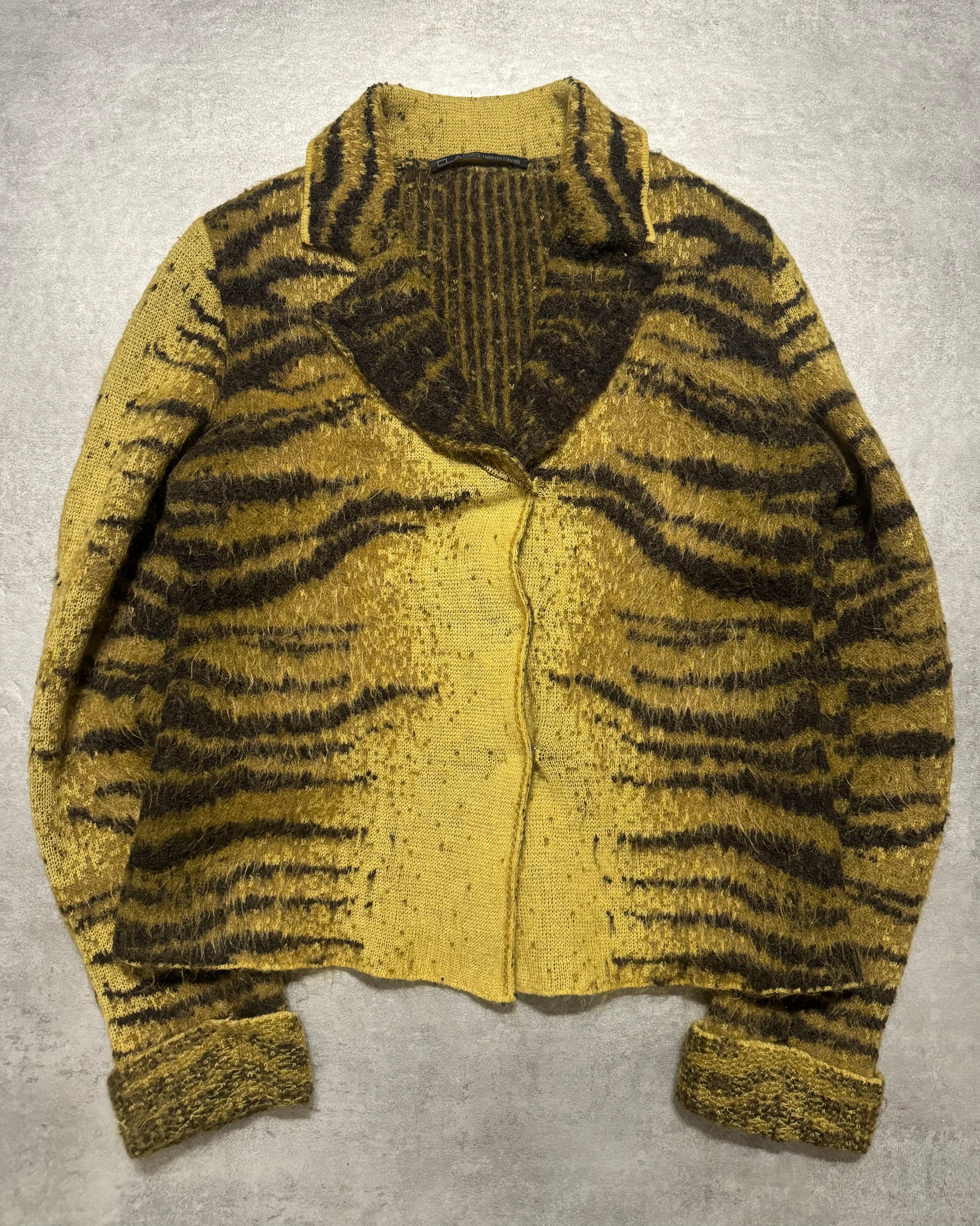 FW2002 Roberto Cavalli Tiger Zebra Yellow Faded Wool Cardigan (S/M) - 3