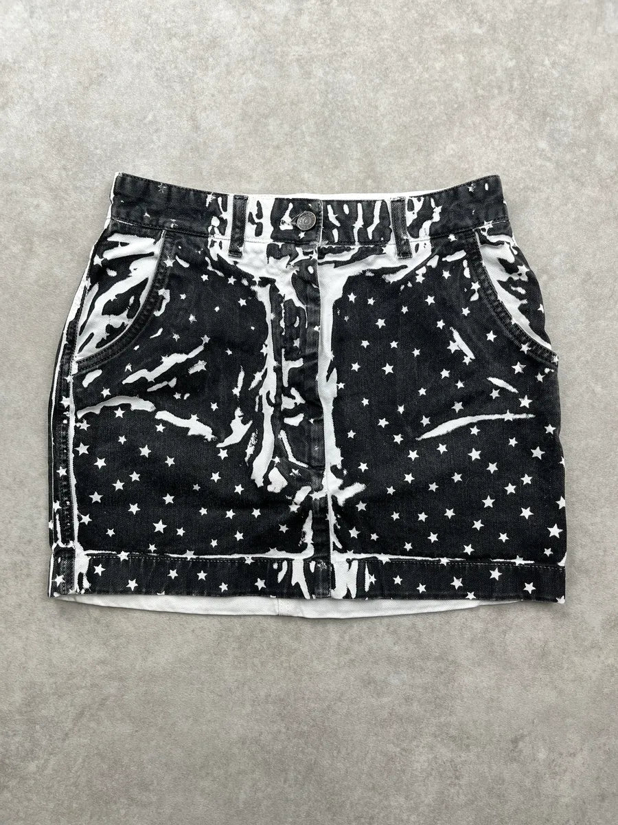 2010s Dolce & Gabbana Black Denim Star Print Bleach Effect Skirt lRdbaCrp 0