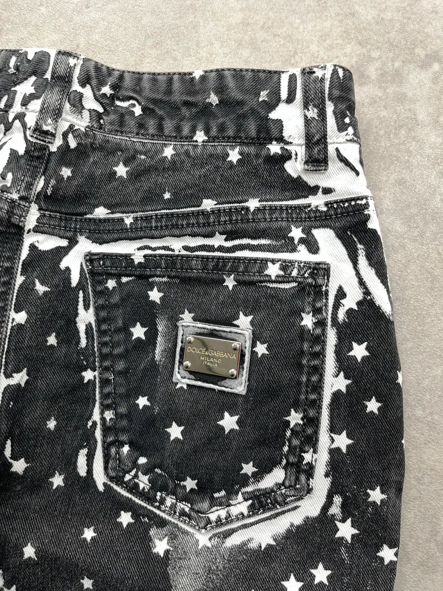 2010s Dolce & Gabbana Black Denim Star Print Bleach Effect Skirt lRdbaCrp 7