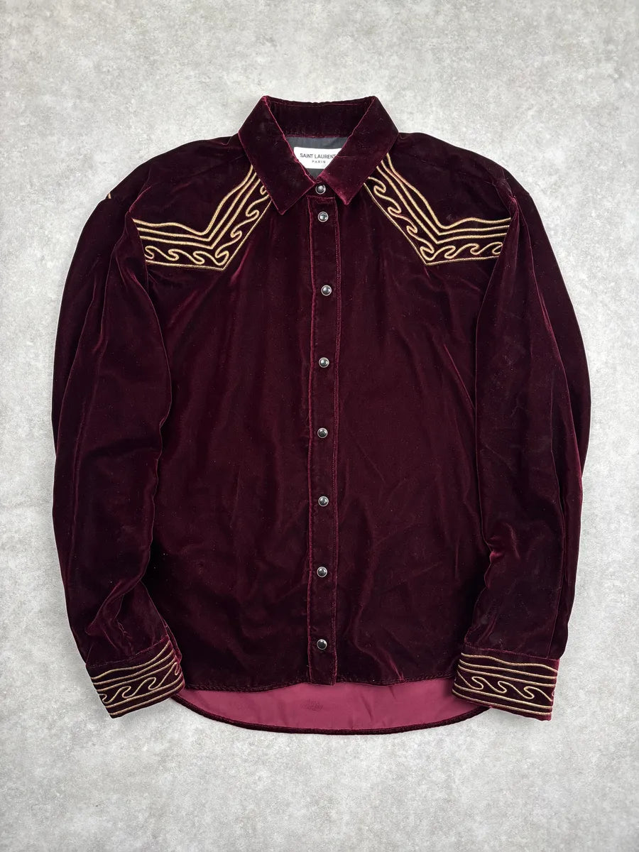 SS2019 Saint Laurent Dark Burgundy Velvet Western Embroidered Shirt lUiEDhnE 0