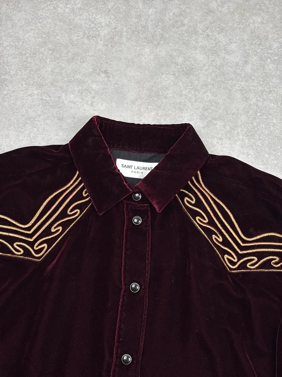 SS2019 Saint Laurent Dark Burgundy Velvet Western Embroidered Shirt lUiEDhnE 7