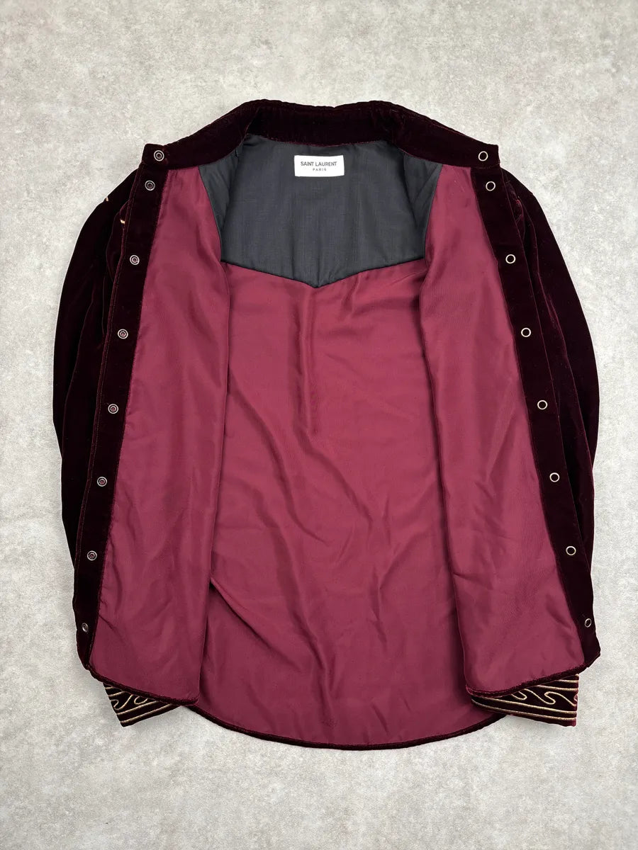 SS2019 Saint Laurent Dark Burgundy Velvet Western Embroidered Shirt lUiEDhnE 3