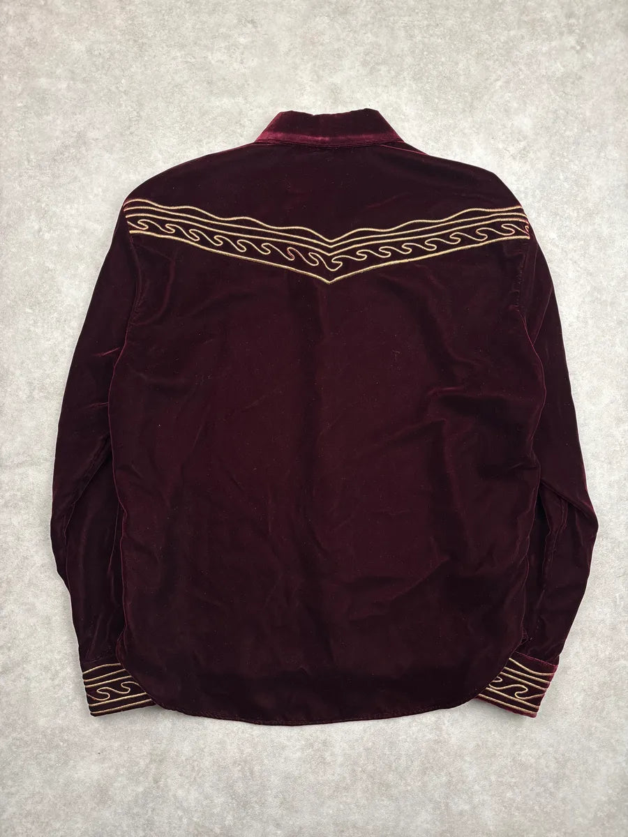 SS2019 Saint Laurent Dark Burgundy Velvet Western Embroidered Shirt lUiEDhnE 4