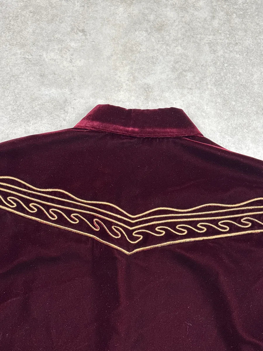 SS2019 Saint Laurent Dark Burgundy Velvet Western Embroidered Shirt lUiEDhnE 6