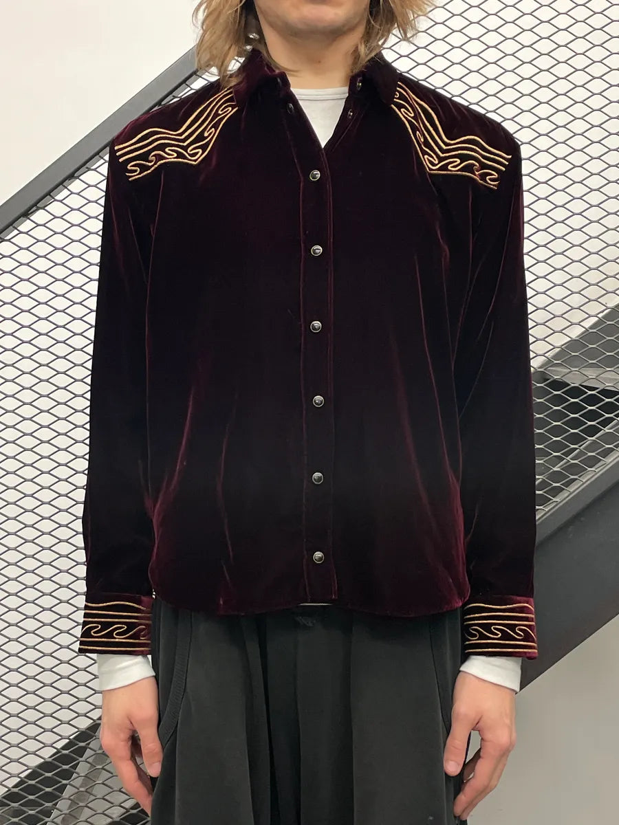 SS2019 Saint Laurent Dark Burgundy Velvet Western Embroidered Shirt lUiEDhnE 1