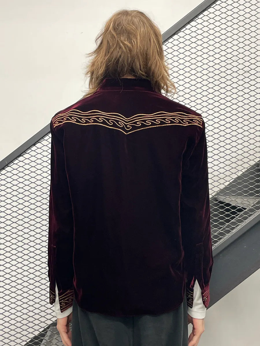 SS2019 Saint Laurent Dark Burgundy Velvet Western Embroidered Shirt lUiEDhnE 2