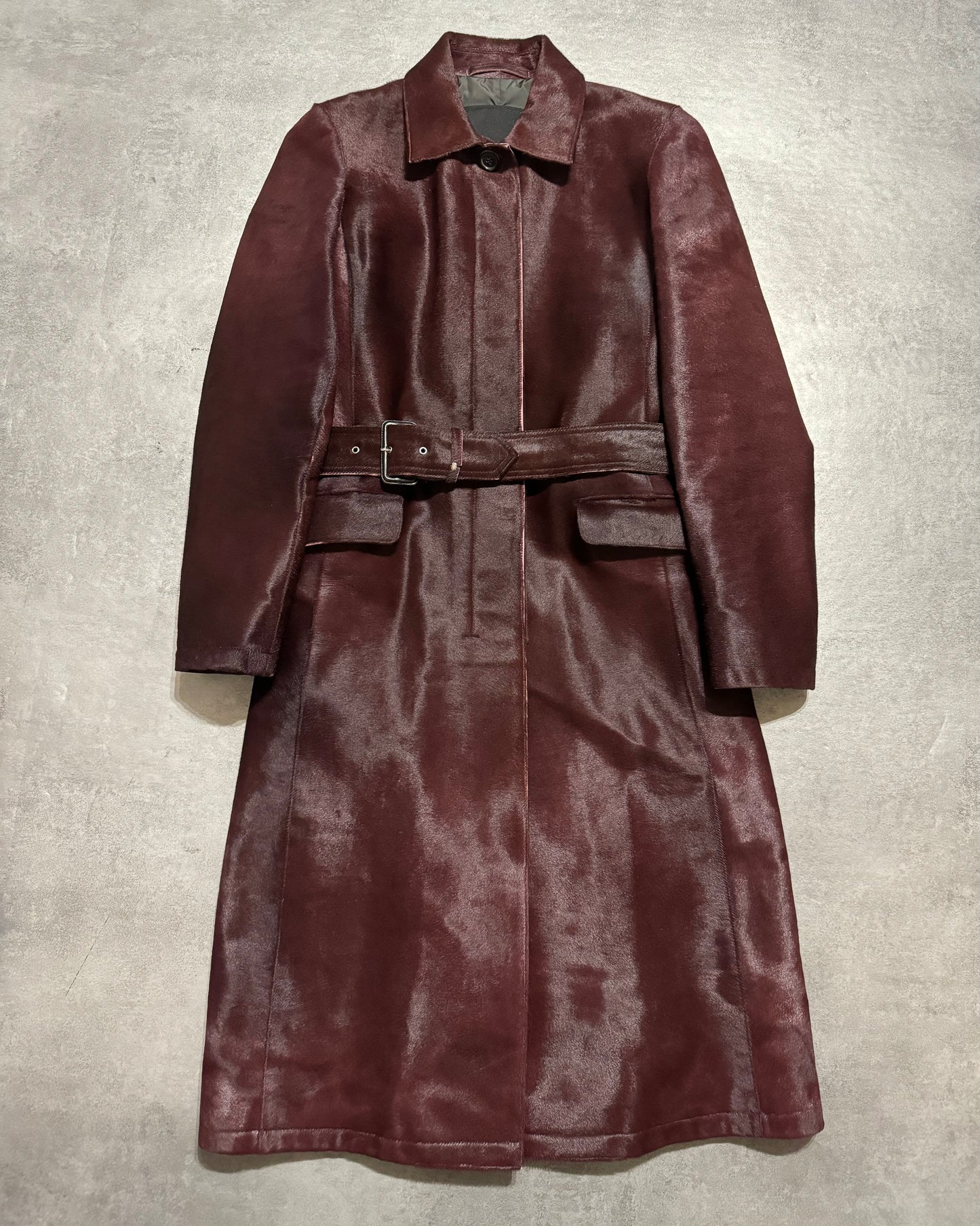 FW2002 Prada Bordeaux Pony Hair Bordeaux Leather Trench Coat (XS/S) - 1