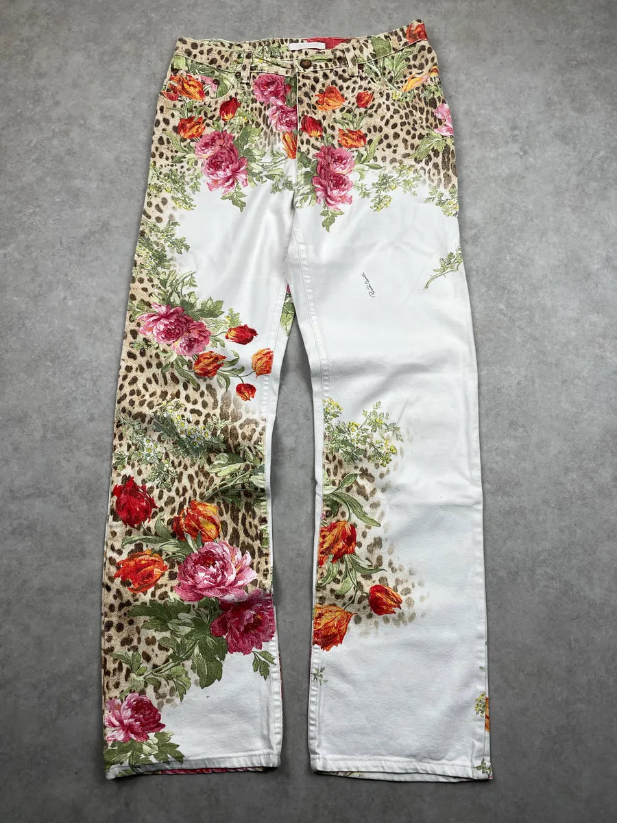 SS2002 Roberto Cavalli White Denim Floral Leopard Jeans lYYXnemN 0