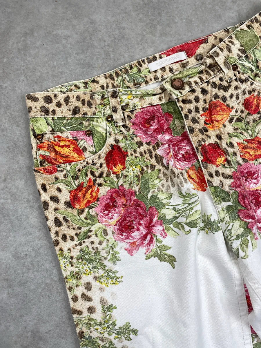 SS2002 Roberto Cavalli White Denim Floral Leopard Jeans lYYXnemN 7