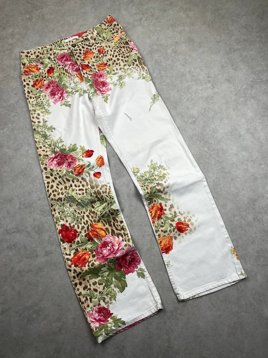 SS2002 Roberto Cavalli White Denim Floral Leopard Jeans lYYXnemN 4