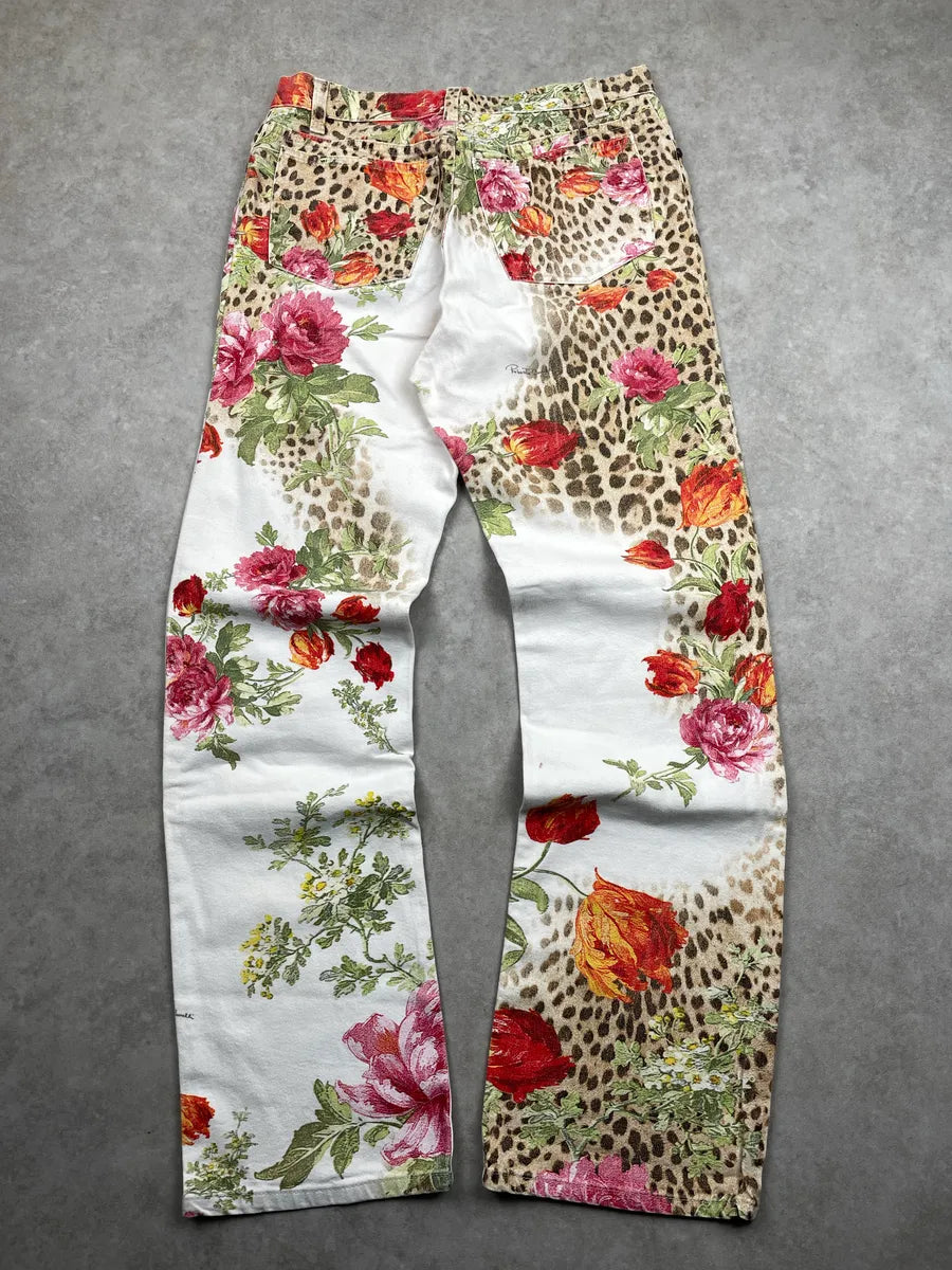 SS2002 Roberto Cavalli White Denim Floral Leopard Jeans lYYXnemN 5