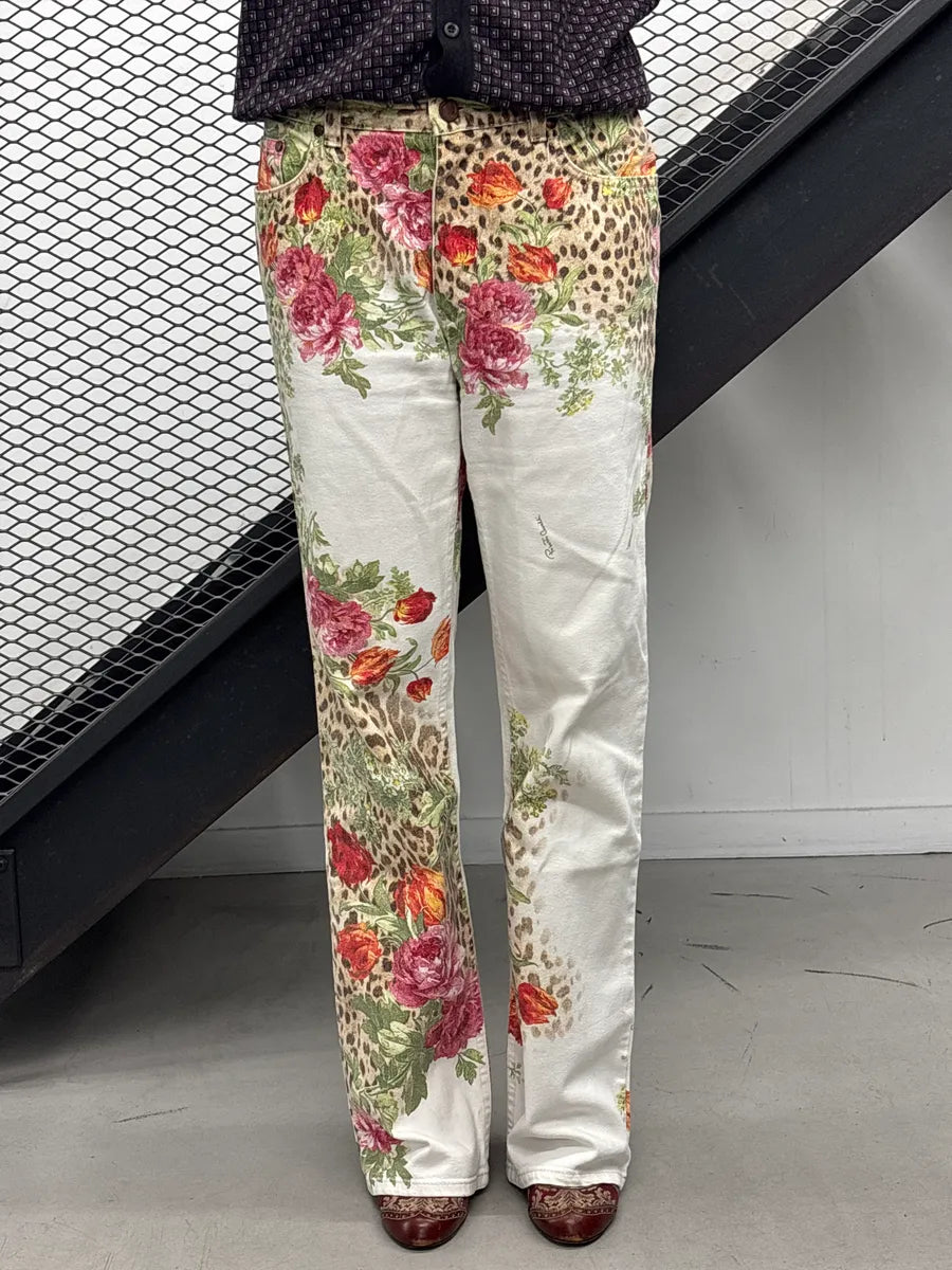 SS2002 Roberto Cavalli White Denim Floral Leopard Jeans lYYXnemN 1