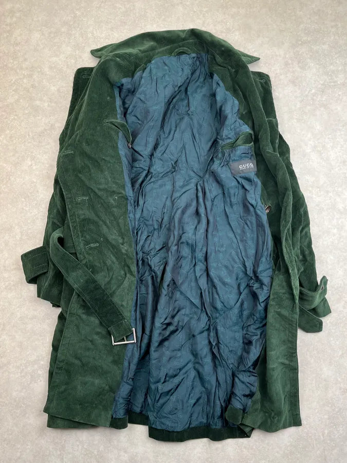 2000s Gucci Dark Green Corduroy Double-Breasted Long Trench Coat pCAdxhu 4