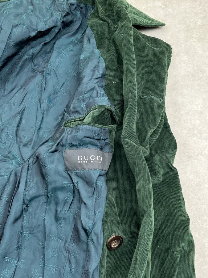 2000s Gucci Dark Green Corduroy Double-Breasted Long Trench Coat pCAdxhu 11