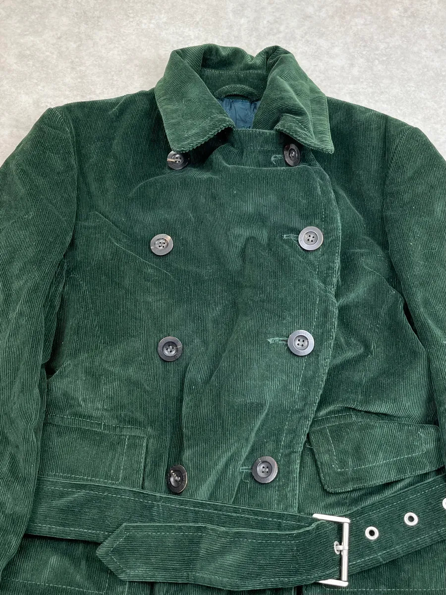 2000s Gucci Dark Green Corduroy Double-Breasted Long Trench Coat pCAdxhu 8