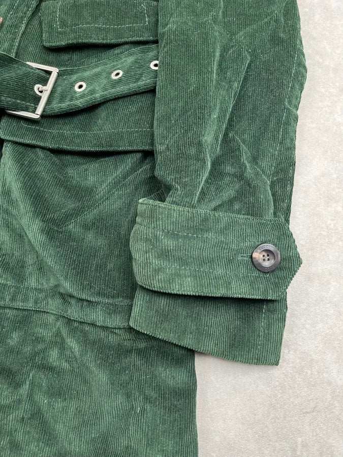 2000s Gucci Dark Green Corduroy Double-Breasted Long Trench Coat pCAdxhu 9
