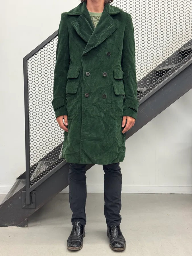 2000s Gucci Dark Green Corduroy Double-Breasted Long Trench Coat pCAdxhu 1
