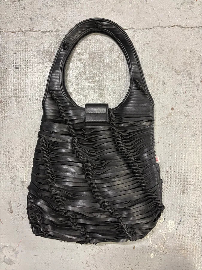1990s Armani Black Leather Ruched Handle Bag bEqGtuf 4