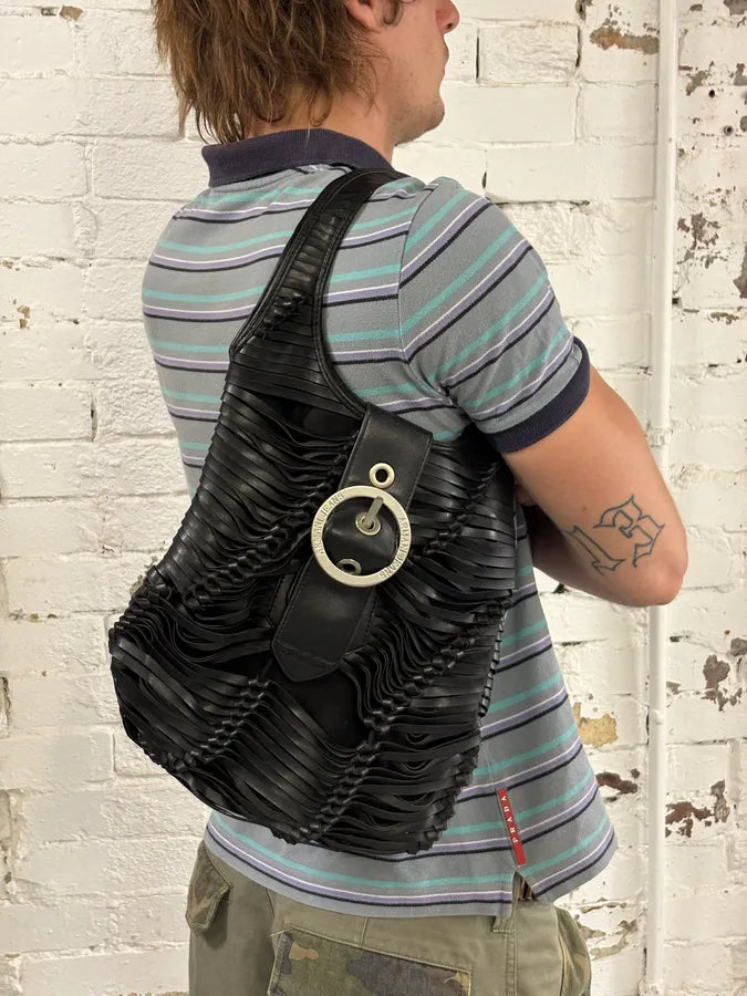 1990s Armani Black Leather Ruched Handle Bag bEqGtuf 2