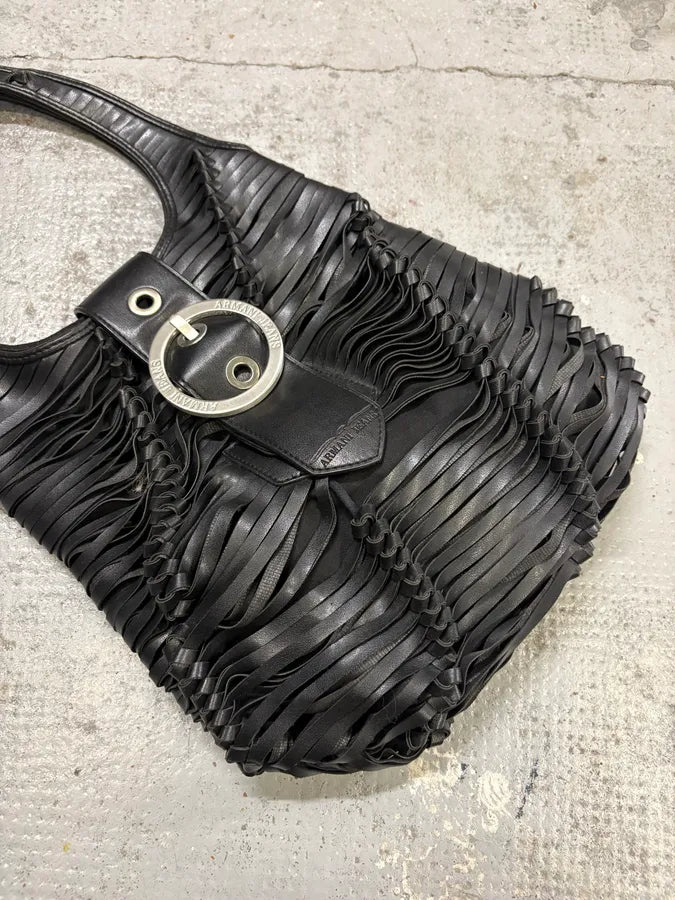 1990s Armani Black Leather Ruched Handle Bag bEqGtuf 3