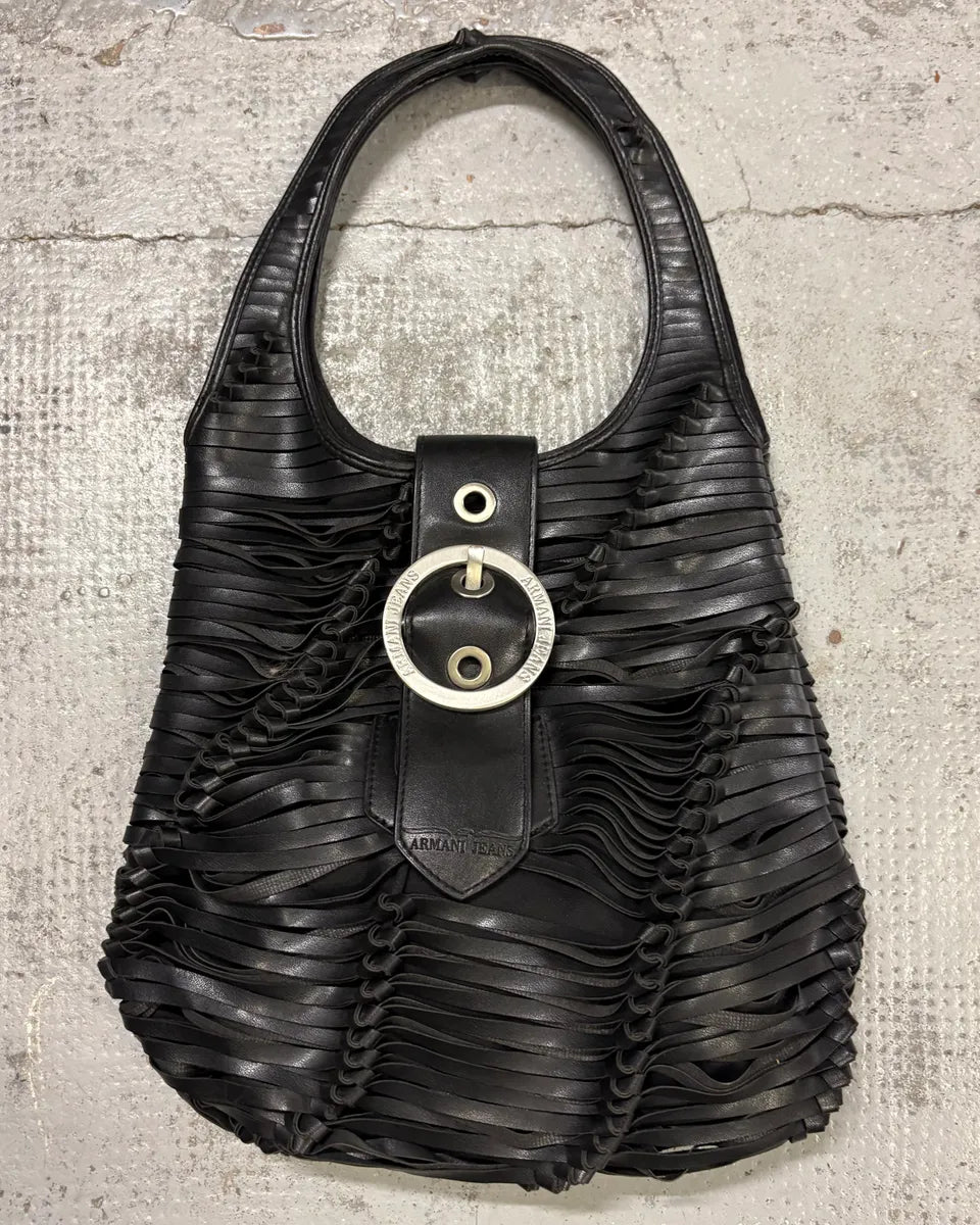 1990s Armani Black Leather Ruched Handle Bag bEqGtuf 0