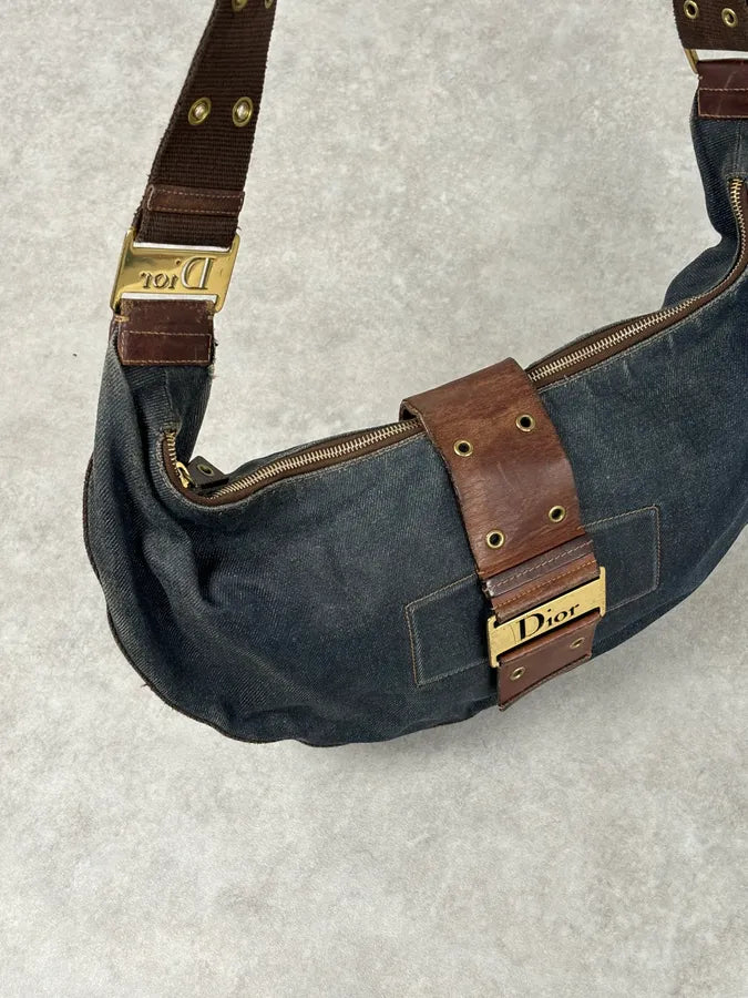AW2003 Christian Dior Half Moon Navy Denim Leather Studded Bag yTJcOOY 8